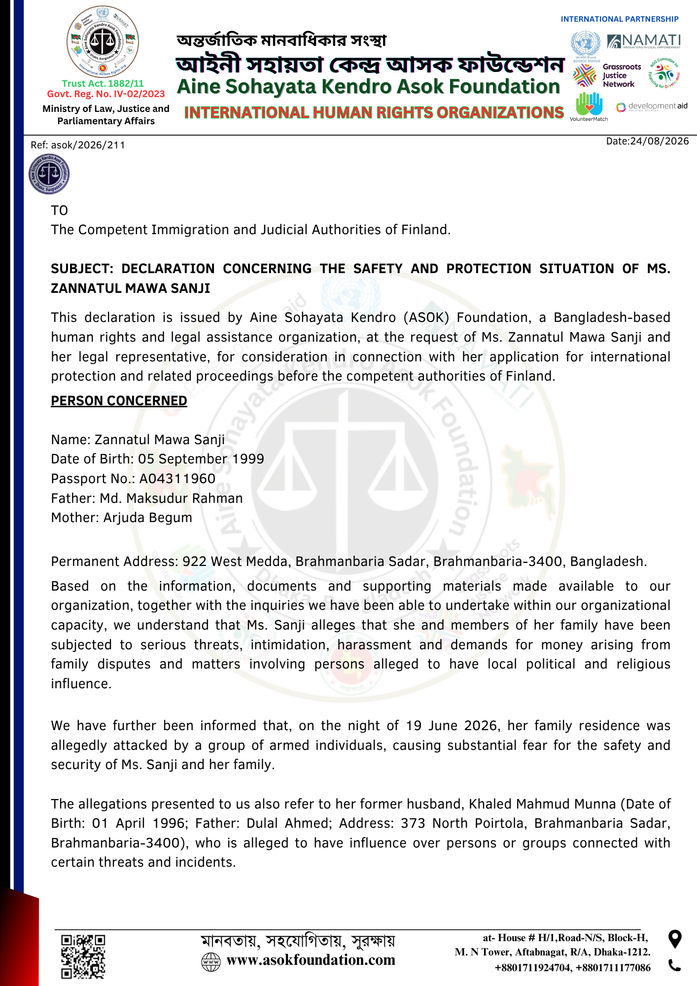Safety and Protection Declaration – Ms. Zannatul Mawa Sanji